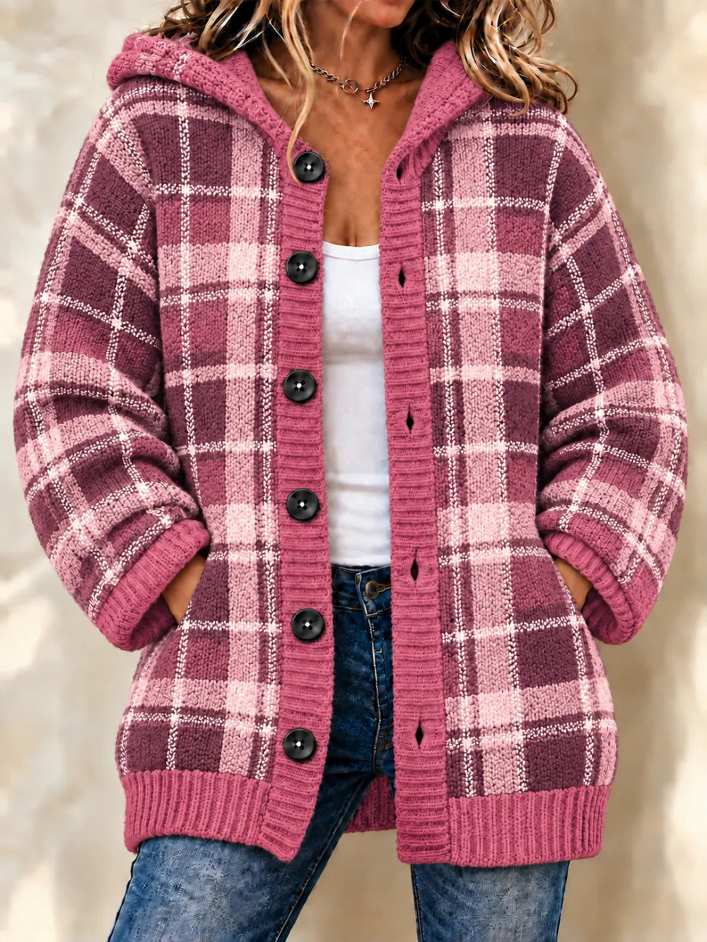 Women'S Grid Casual Hooded Long Cardigan