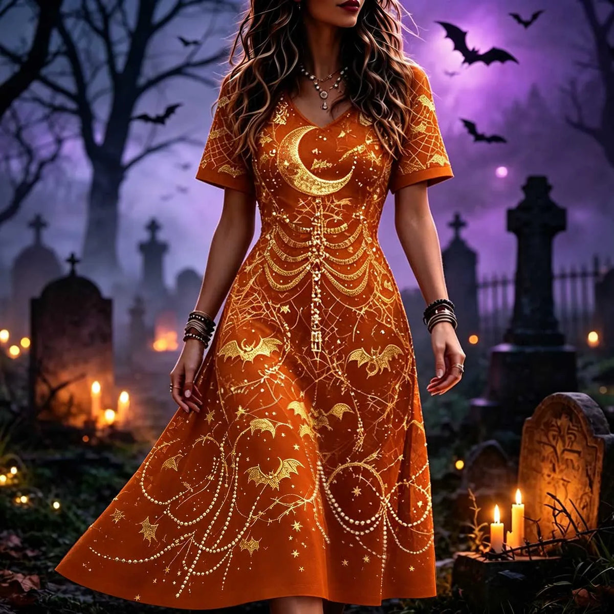 Women's Gothic V-neck Short Sleeve A-line Dress With Purple Moon And Bat Print