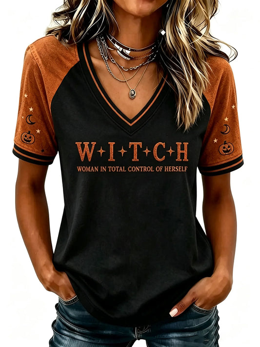 Women's Halloween 'woman In Total Control Of Herself' Printed V-neck Short-sleeved T-shirt