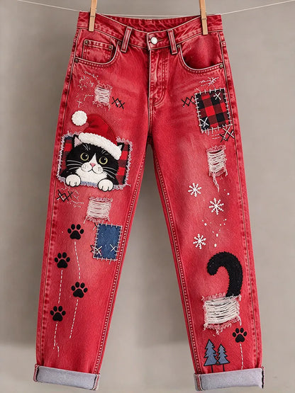 Women'S Christmas Cat Printed Casual Jeans