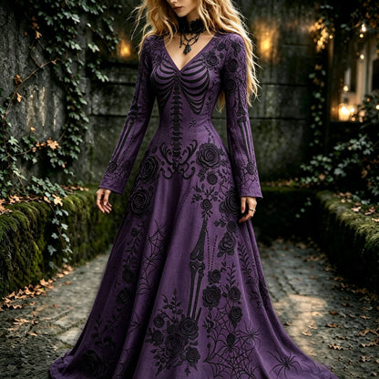 Women's Retro Gothic Flowers With Skull Pattern Mixi Halloween Dress
