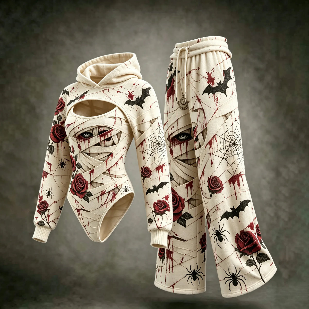Women's Halloween Floral Bat Spider Web Rose Print Hooded Three-piece Set