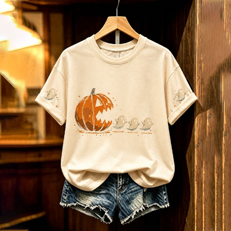 Women's Halloween Pumpkin And Ghost Fun Pattern Short-sleeve Top