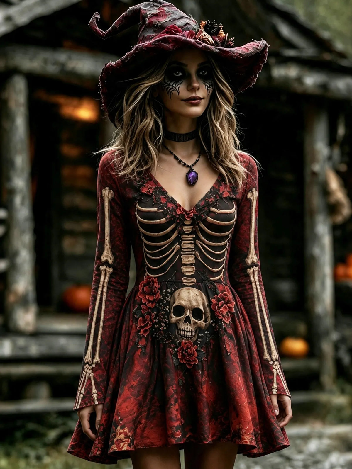 Women's Retro Halloween Skull And Floral Pattern Casual V Neck Mini Dress
