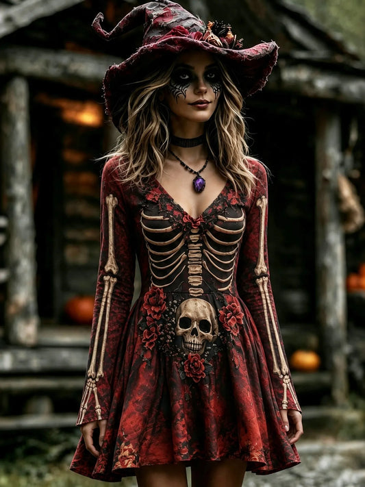 Women's Retro Halloween Skull And Floral Pattern Casual V Neck Mini Dress