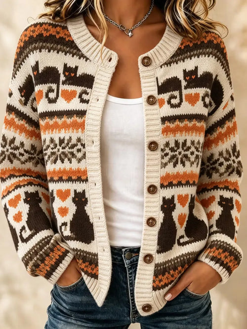 Women'S Christmas Vintage Cat Print Knit Cardigan Sweater