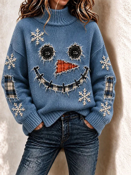 Ladies' Christmas Snowman Pattern High Neck Knitted Shirt