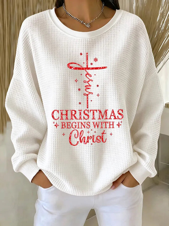 Women's Christmas Cross Printed Waffle Sweatshirt