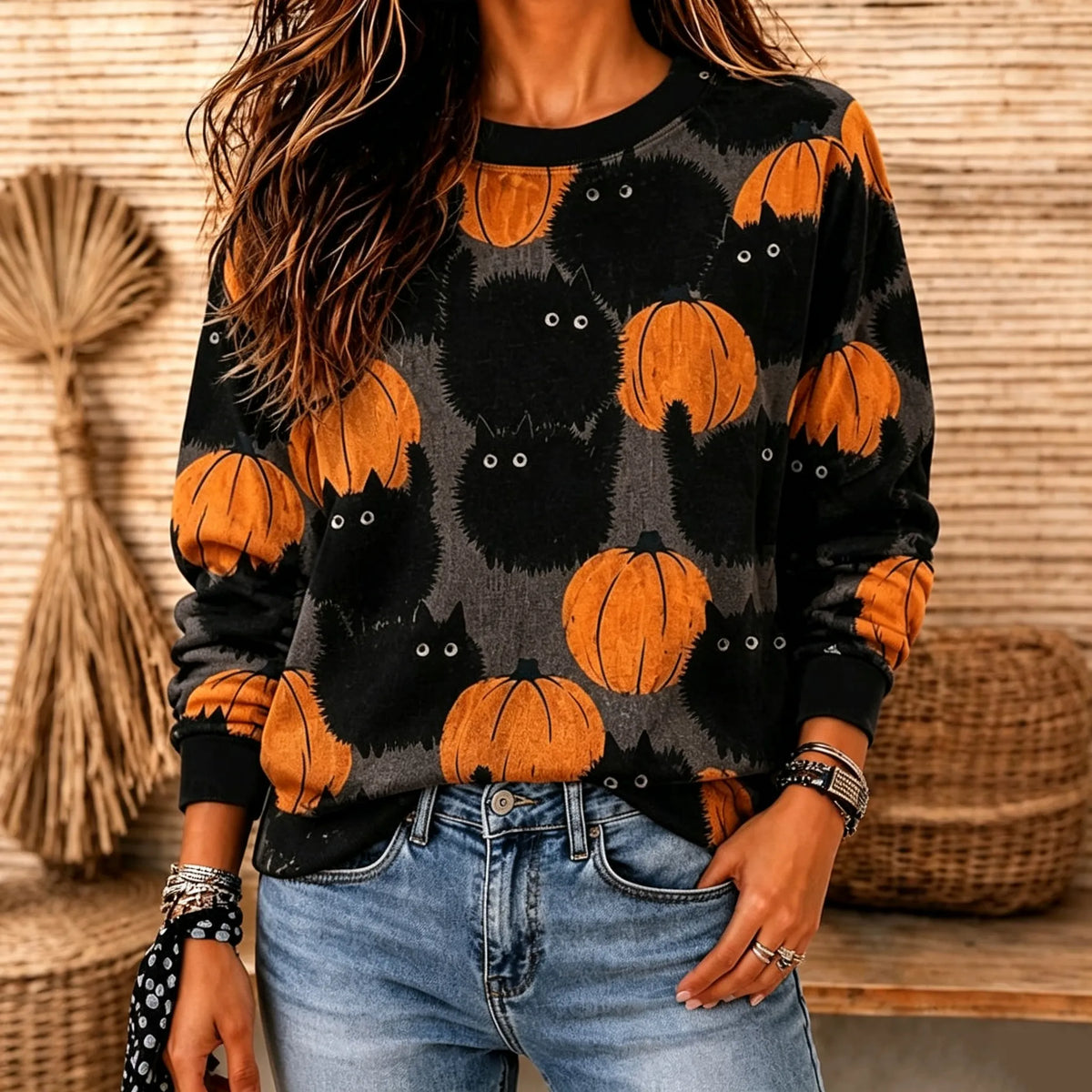 Women's Halloween Black Cat And Pumpkin Print Casual Sweatshirt