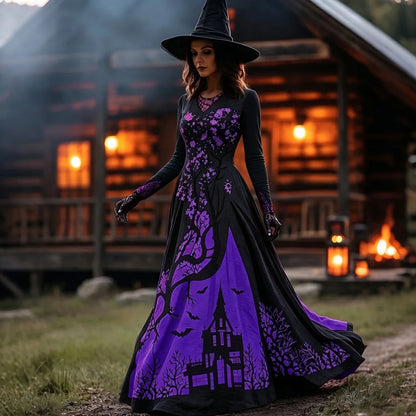 Women's Halloween Gradient Treehouse Design Witch V-neck Maxi Dress
