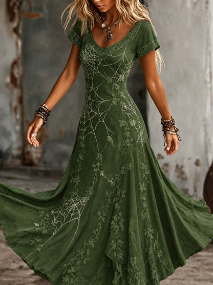 Women's Retro Gothic Spiderweb And Floral Lace Print Short-sleeve Mixi Dress