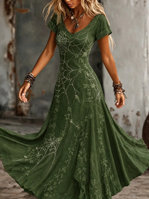 Women's Retro Gothic Spiderweb And Floral Lace Print Short-sleeve Mixi Dress