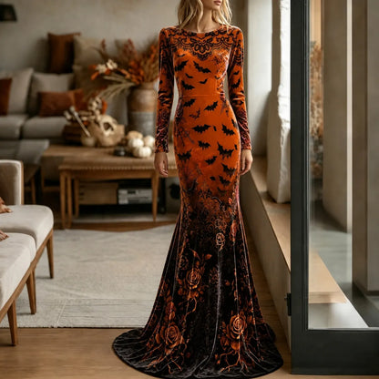 Women's Halloween Gothic Style Bat Flowers Pattern Velvet Long Dress