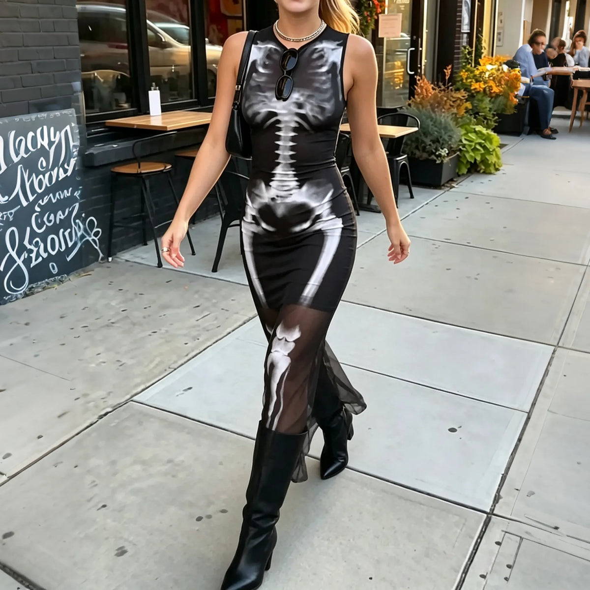 Women's Gothic Skeleton Print Sheer Mesh Bodycon Maxi Dress