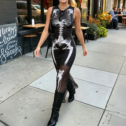 Women's Gothic Skeleton Print Sheer Mesh Bodycon Maxi Dress
