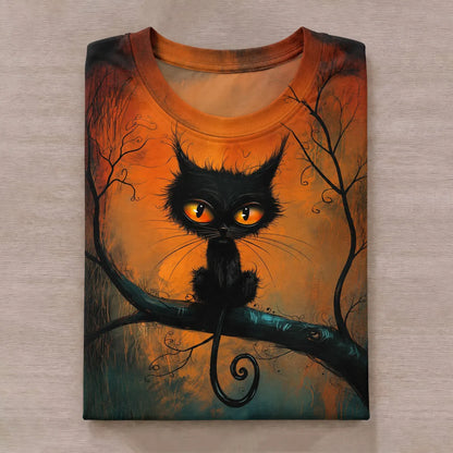 Women's Halloween Cat Art Print Casual T-shirt