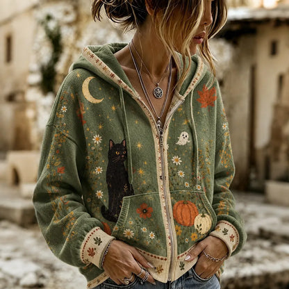 Women's Retro Halloween Floral And Black Cat Color Block Sweatshirt