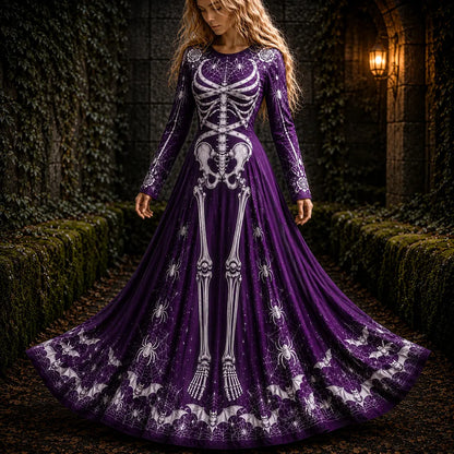 Women's Long-sleeve Maxi Dress Featuring Full Human Skeleton, Spiderwebs, And Bats