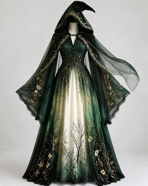 Women's vintage floral embroidered gradient irregular design cape-style batwing sleeve dress3943