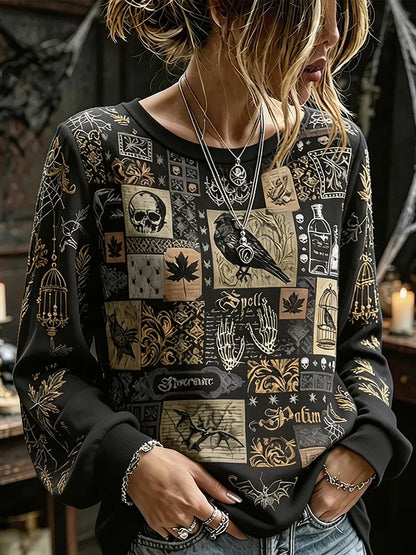 Women's Halloween Vintage Spider And Spiderweb Art Print Casual Crewneck Long Sleeve Top