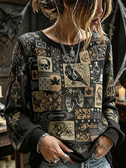 Women's Halloween Vintage Spider And Spiderweb Art Print Casual Crewneck Long Sleeve Top