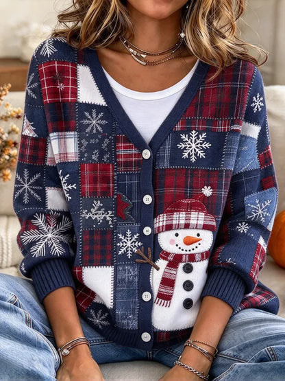 Women'S Casual Christmas Checkered Knitted Cardigan