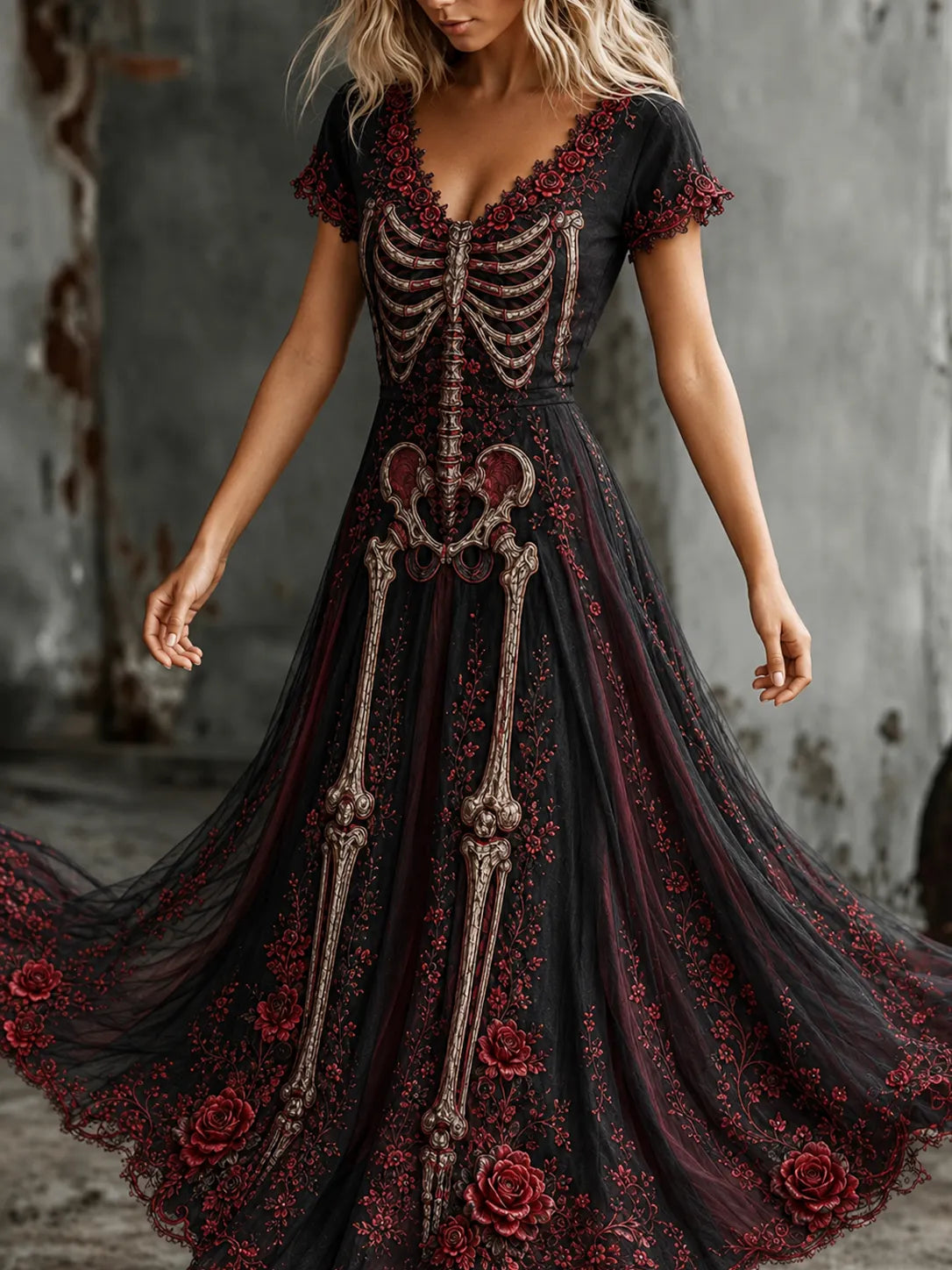 Women's Vintage Skeleton Floral  Art V-neck Short Sleeve Maxi Dress
