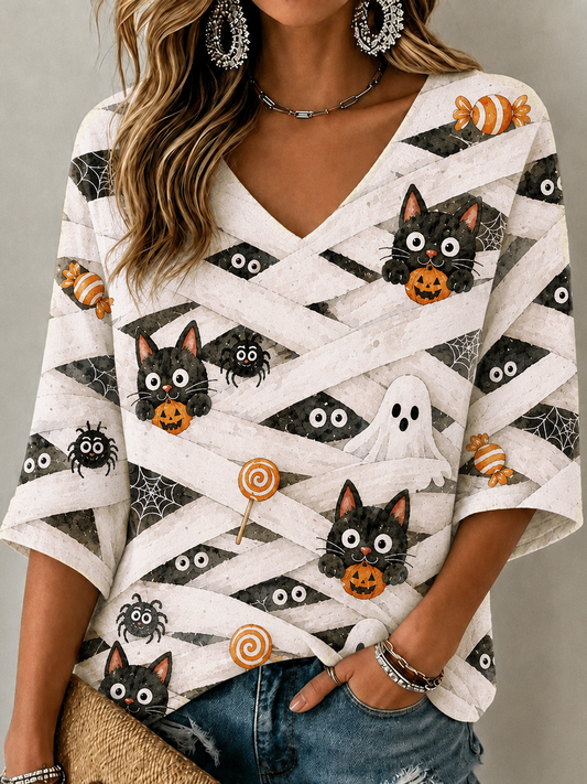 Women's Halloween Scary Pumpkin Face Cat Art Print Mid-length Sleeves V-neck T-shirt