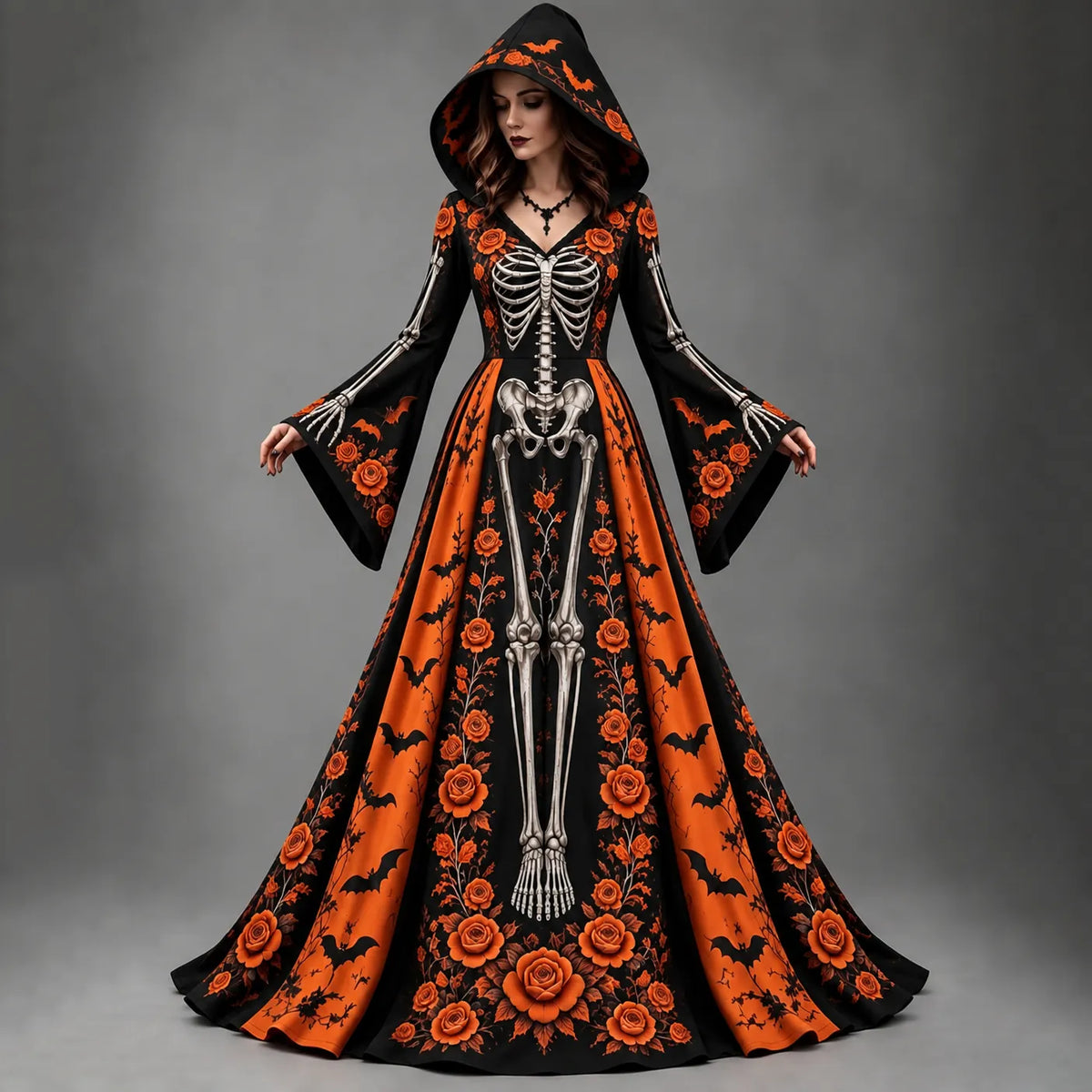 Women's Halloween Gothic Skeleton & Floral Bat Long-sleeve Hooded Long Dress
