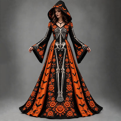Women's Halloween Gothic Skeleton & Floral Bat Long-sleeve Hooded Long Dress