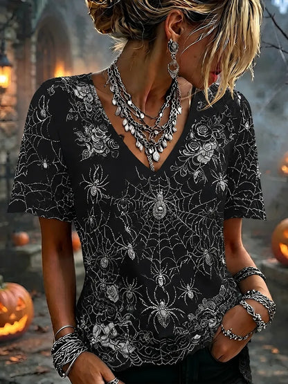 Women's Dark Boho Spiderweb Embroidered Blouse