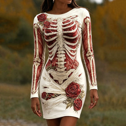 Women's Retro Human Anatomy Rose Art 3d Printing Bodycon Mini Dress