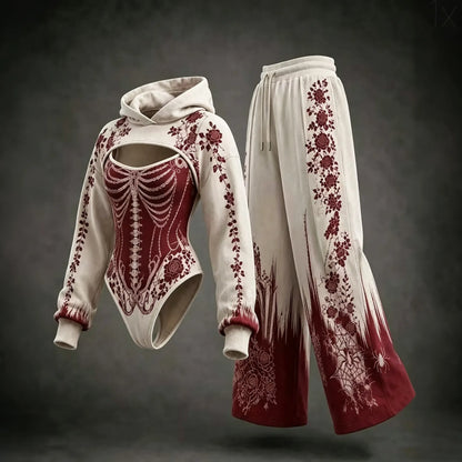 Women's Halloween Bloodstained Bone Floral Spider Web Hoodie Three-piece Set