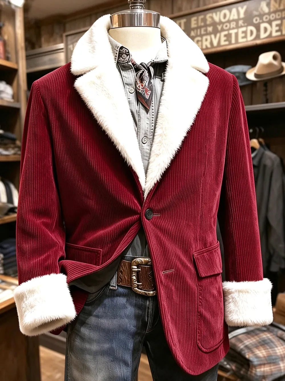 Men’s Christmas-Themed Fleece-Lined Corduroy Blazer