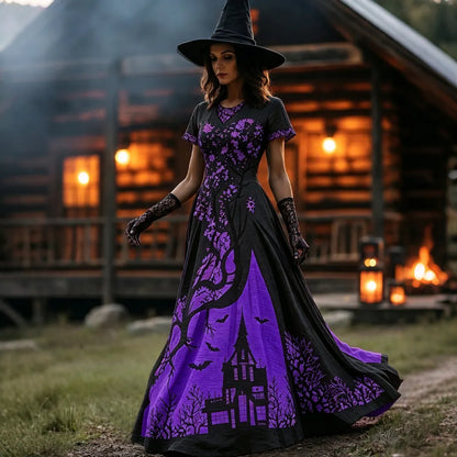 Women's Halloween Gradient Treehouse Design Witch V-neck Short Sleeves Maxi Dress