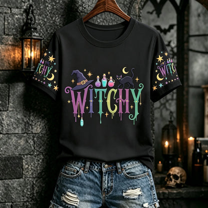 Women's Halloween-themed Cat Print Crew Neck Short-sleeved T-shirt