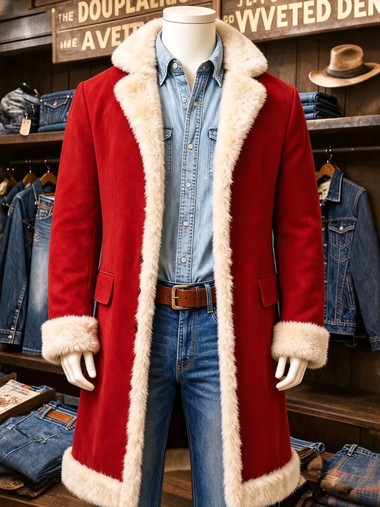Men’s Christmas-themed fleece-lined long cardigan coat