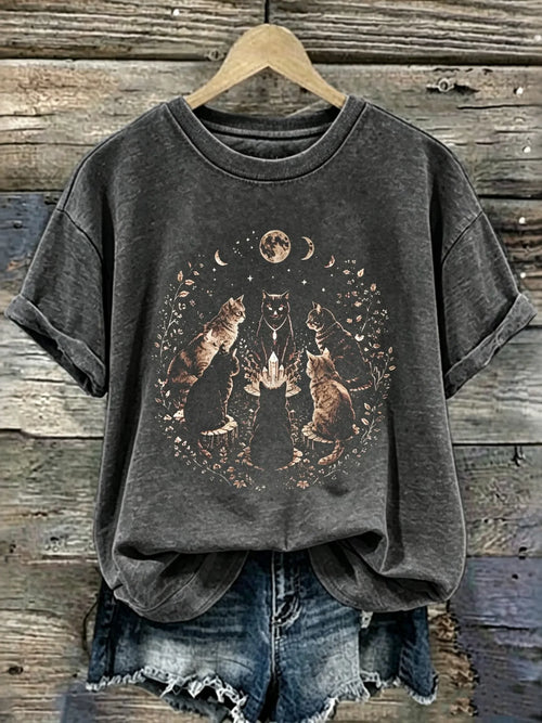 Women's Halloween Cat And Sun & Moon Print T-shirt