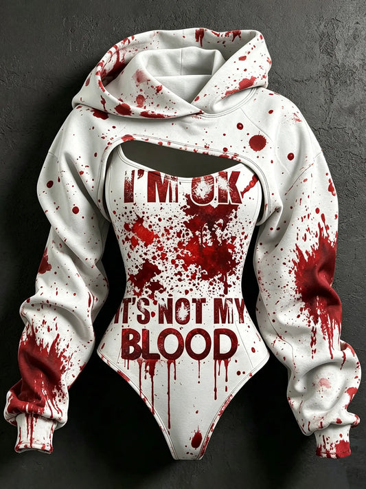 Women's Retro Halloween Bloodstain 'i'm Ok It's Not My Blood' Print Hoodie Two-piece Set