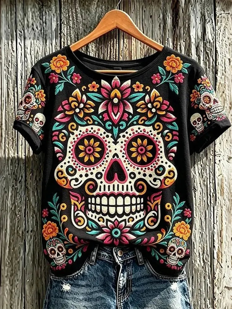 Women's Retro Floral Skull Design Cotton Linen Crew Neck Short Sleeve T-shirt