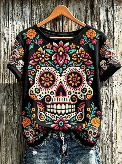 Women's Retro Floral Skull Design Cotton Linen Crew Neck Short Sleeve T-shirt