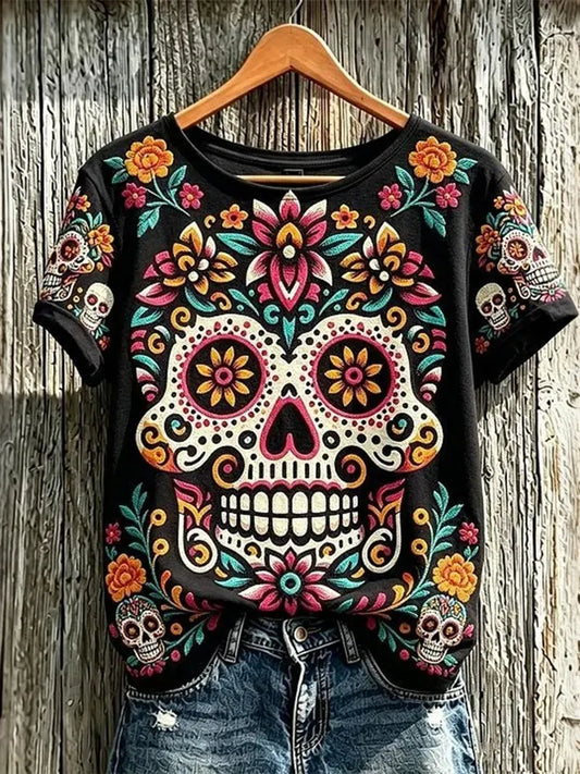 Women's Retro Floral Skull Design Cotton Linen Crew Neck Short Sleeve T-shirt