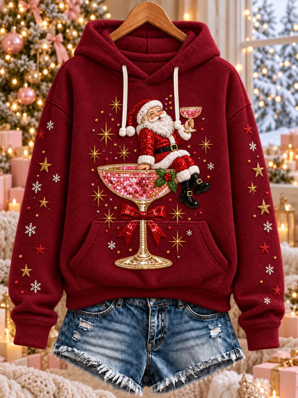 Women'S Christmas Themed Printed Flannel Hoodie