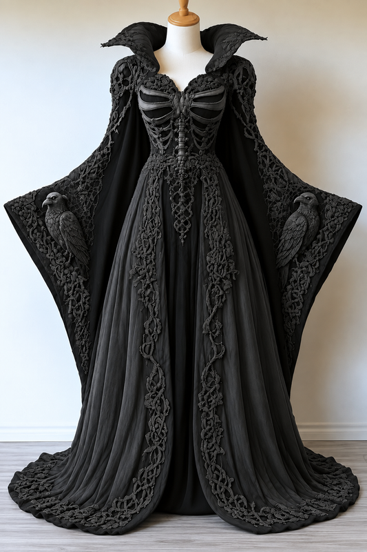 Halloween-Themed Gothic Skull and Raven Embroidered Dress 4767
