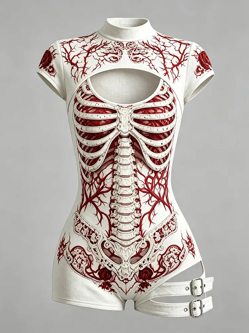 Women's Retro Bloodstained Bone Rose Print Short-sleeve High-neck Jumpsuit