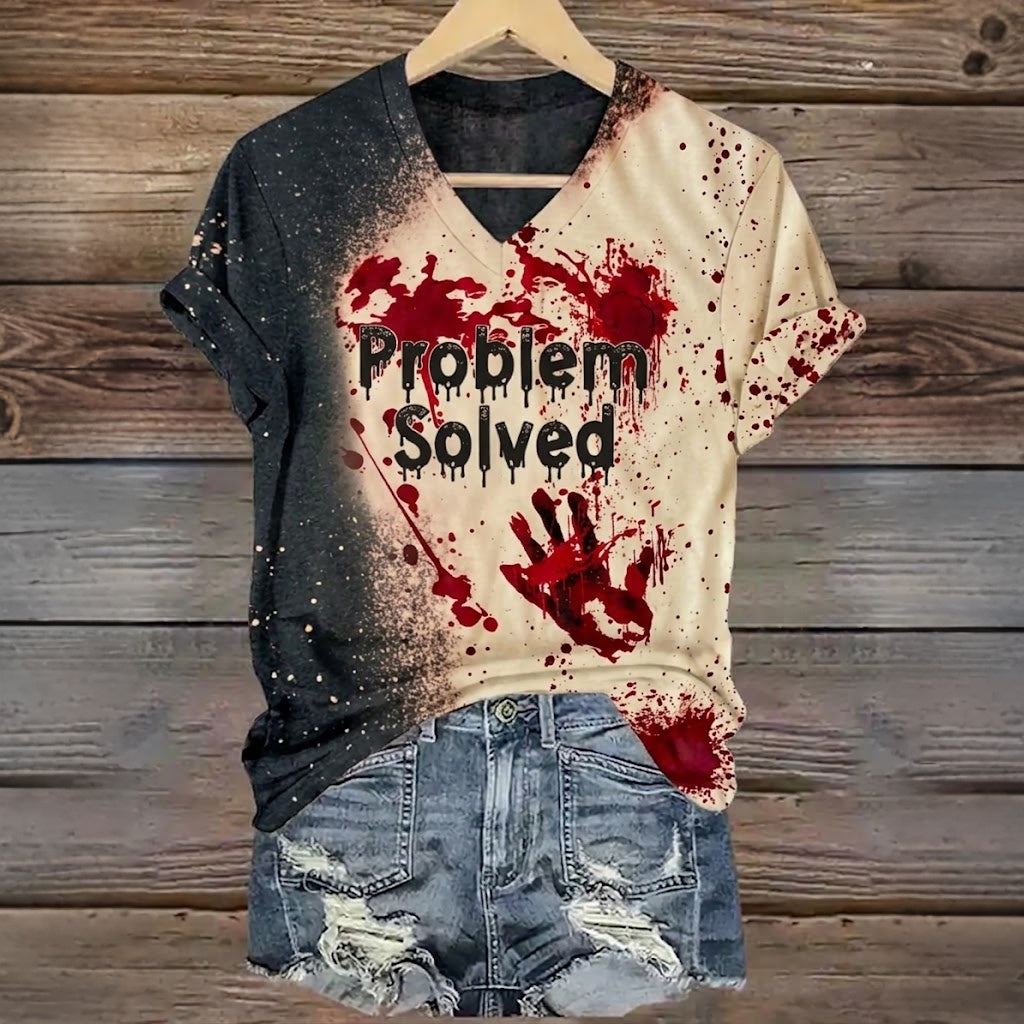 Women's Vintage Bloody Hands With Problem Solved Halloween Art Printed Short Sleeve T-shirt