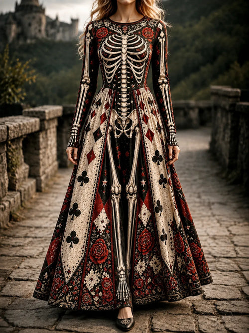 Women's Halloween Gothic Skeleton & Floral Poker Print Pattern Maxi Dress