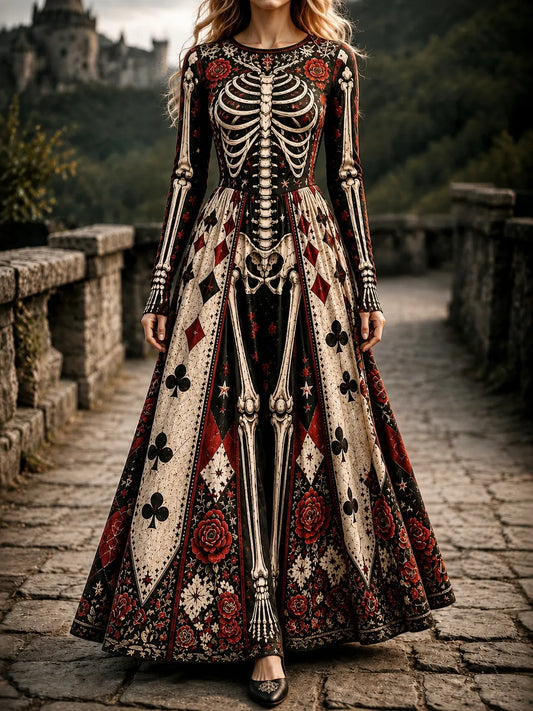 Women's Halloween Gothic Skeleton & Floral Poker Print Pattern Maxi Dress
