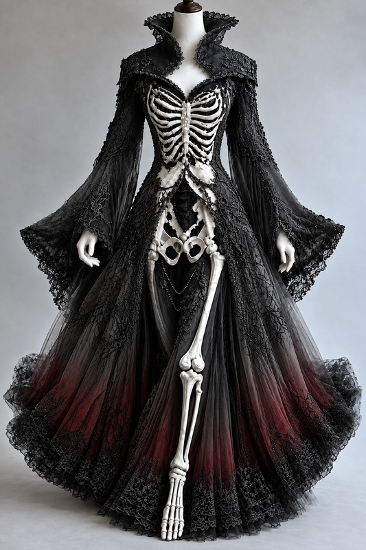 Women's Halloween-themed embroidered human skeleton irregular cape-style batwing sleeve stand collar dress9357
