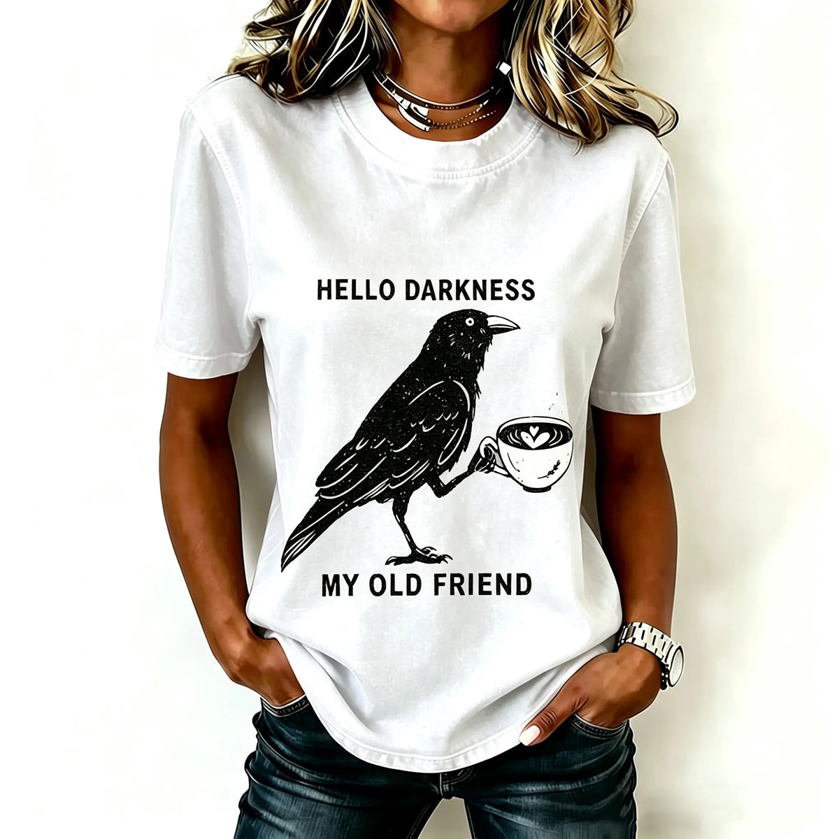 Hello, Darkness, My Old Friend Halloween Print Crew Neck T-shirt